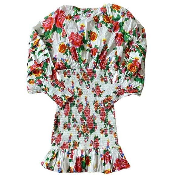 Rhode Anya Floral Puff Sleeve Smocked Ruffle Hem Mini Dress NWT Size Medium - Picture 3 of 6